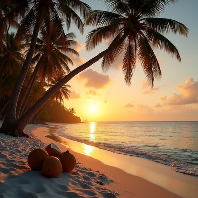 Beach scene with palm trees sunset
