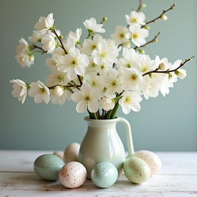White blossoms and easter eggs