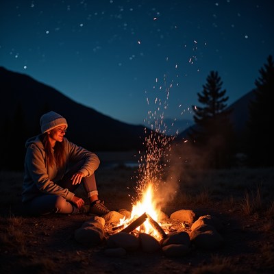 Girl camping by warm campfire