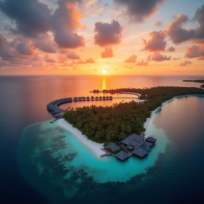 Sunset over tropical island resort