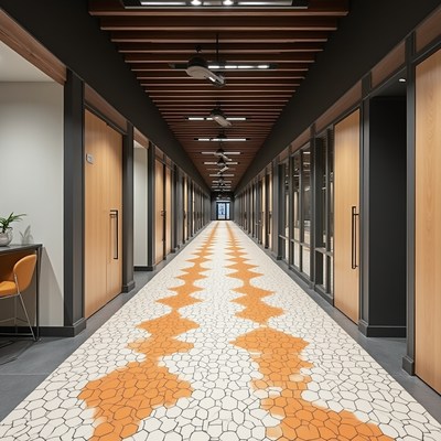 Modern office hallway with orange tile