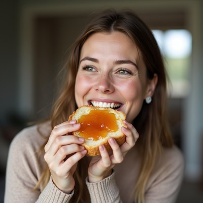 Woman enjoying bread with jam