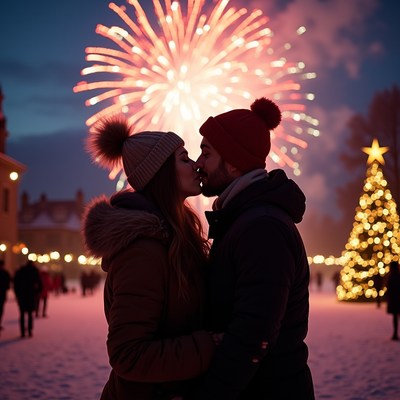 Couple kissing under fireworks display