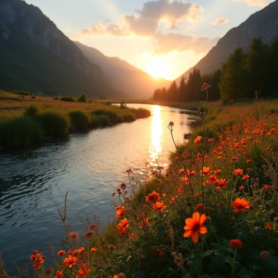 Sunset over river with flowers