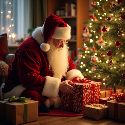 Santa preparing gifts by the tree