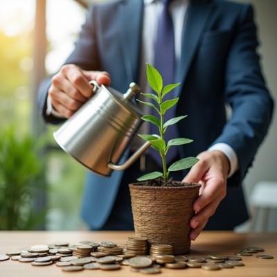 Businessman watering money plant indoors