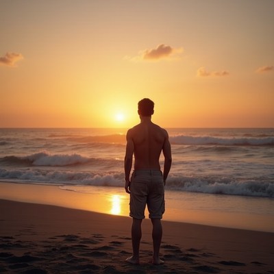 Man watches sunset at beach
