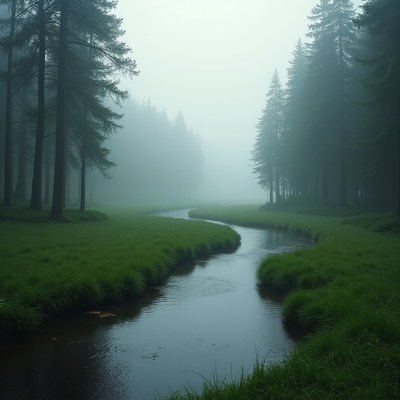 River flows through misty forest
