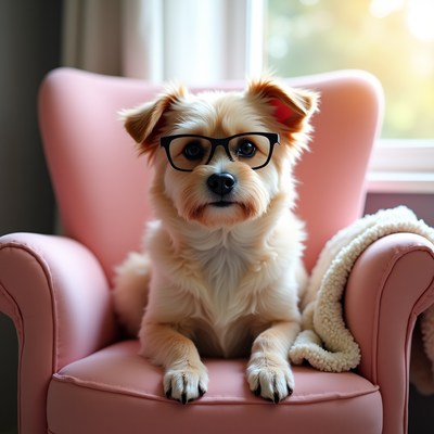Dog wearing glasses sits in chair