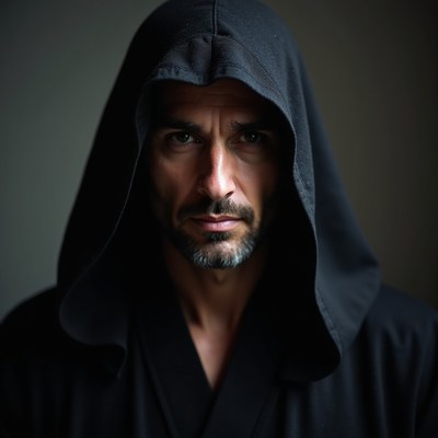 Man in hooded cloak looking serious