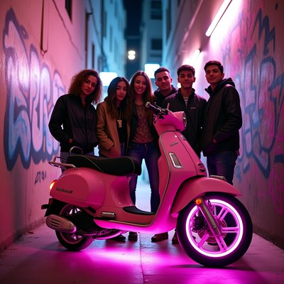 Group with pink scooter at night