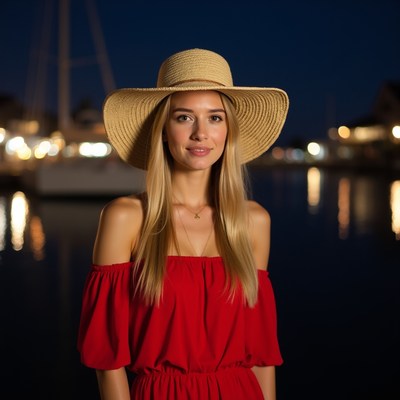 Woman at harbor in evening