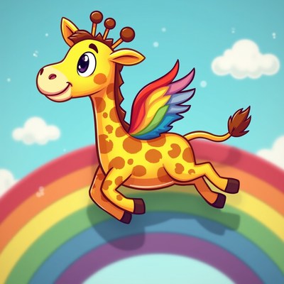 Flying giraffe over rainbow cartoon
