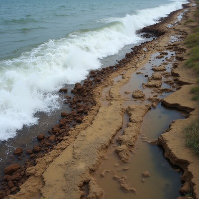 Waves crashing onto rocky shoreline