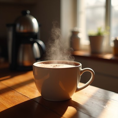 Steaming coffee cup on wood table