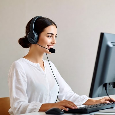 Woman working at computer with headset
