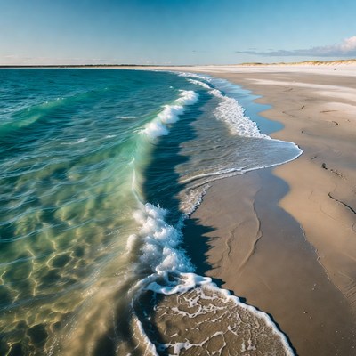 Waves on sandy beach at sunset