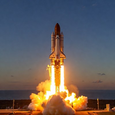 Rocket launch at sunset creates bright display