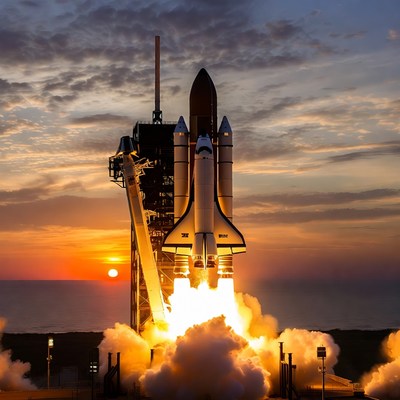 Rocket launch at sunrise from pad