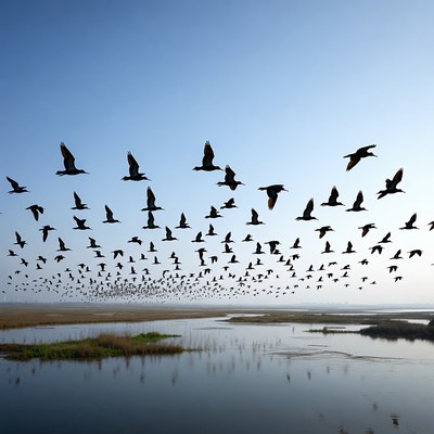 Birds flying over water body at dawn