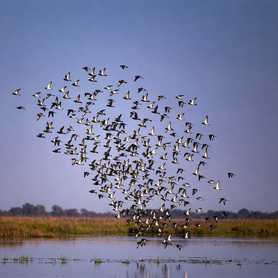 Flock of birds over water