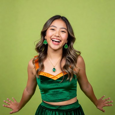 Girl celebrating holiday in green outfit