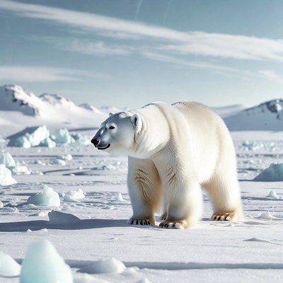 Polar bear on ice in winter
