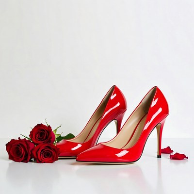 Red high heels and roses on white background