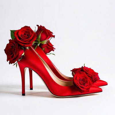 Red high heels with roses placed on them