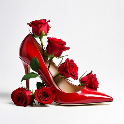 Red shoe with roses arranged around it
