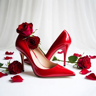 Red heels with roses on white background