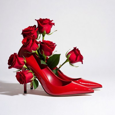 Red shoes with roses arranged together