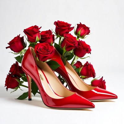 Red shoes and roses display together