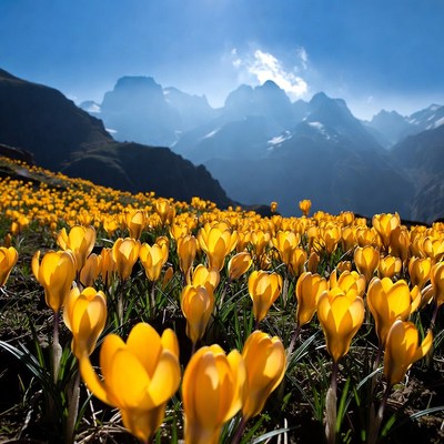 Yellow flowers bloom in the mountains