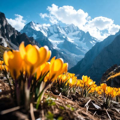 Yellow flowers in mountain landscape