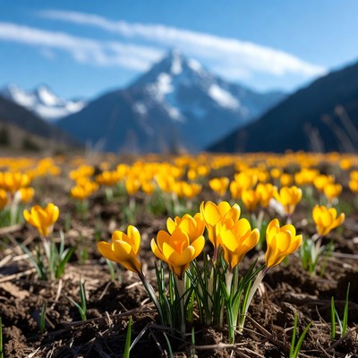 Yellow flowers bloom in mountain field