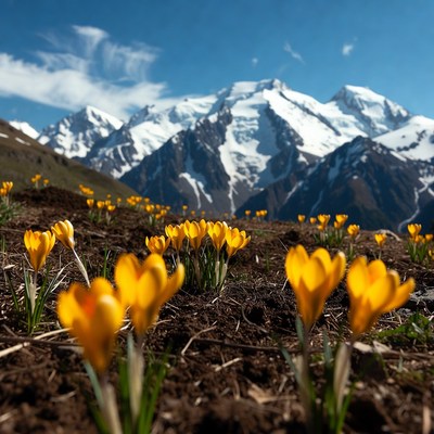Yellow flowers bloom in mountain range