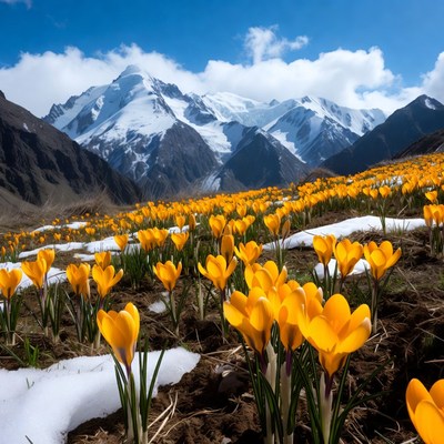 Yellow flowers bloom in mountain field