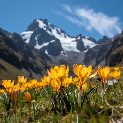 Bright yellow flowers in mountain valley