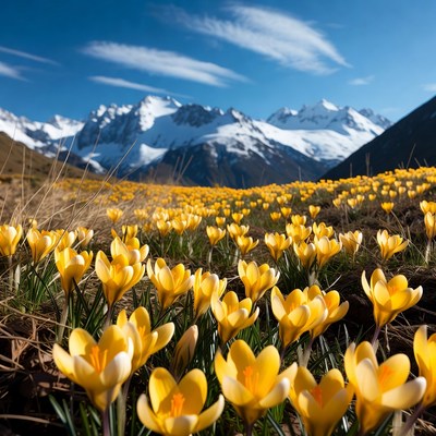 Yellow flowers bloom in mountain valley