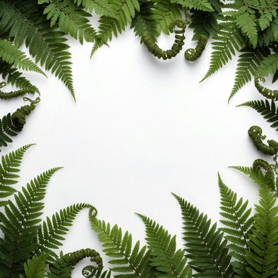Green ferns with curled fronds in a circle