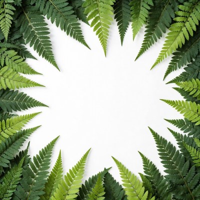 Green ferns surround white space