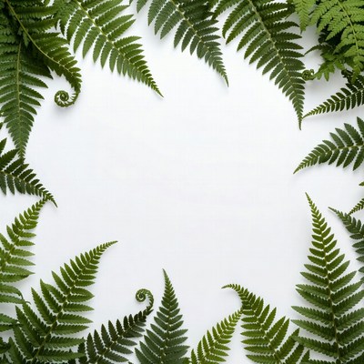 Green ferns frame a white background