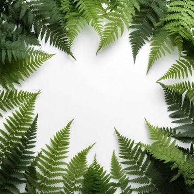 Green ferns create a circular frame