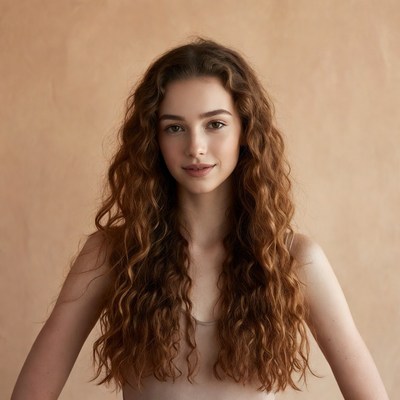Young woman with curly hair in a studio