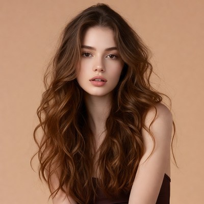 Wavy-haired model against plain bg