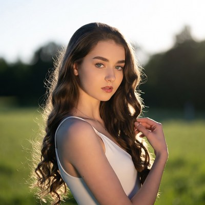 Model poses in sunlight outdoors