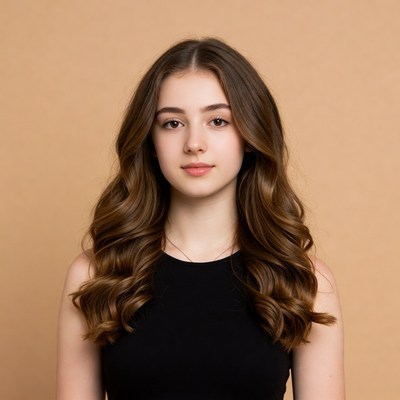 Young person poses against beige backdrop
