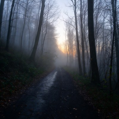 Foggy path at dawn in the woods