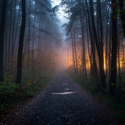 Foggy forest trail at sunset